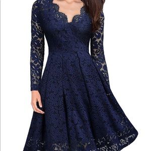 Navy Blue lace sleeve swing dress